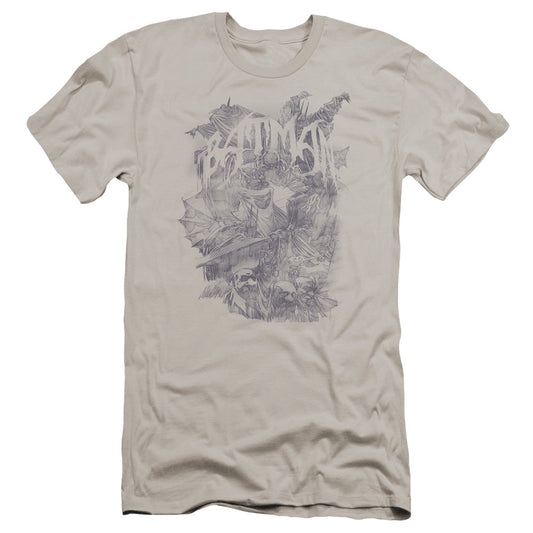 Batman Pencil Bat Collage Premium Bella Canvas Slim Fit Mens T Shirt Silver