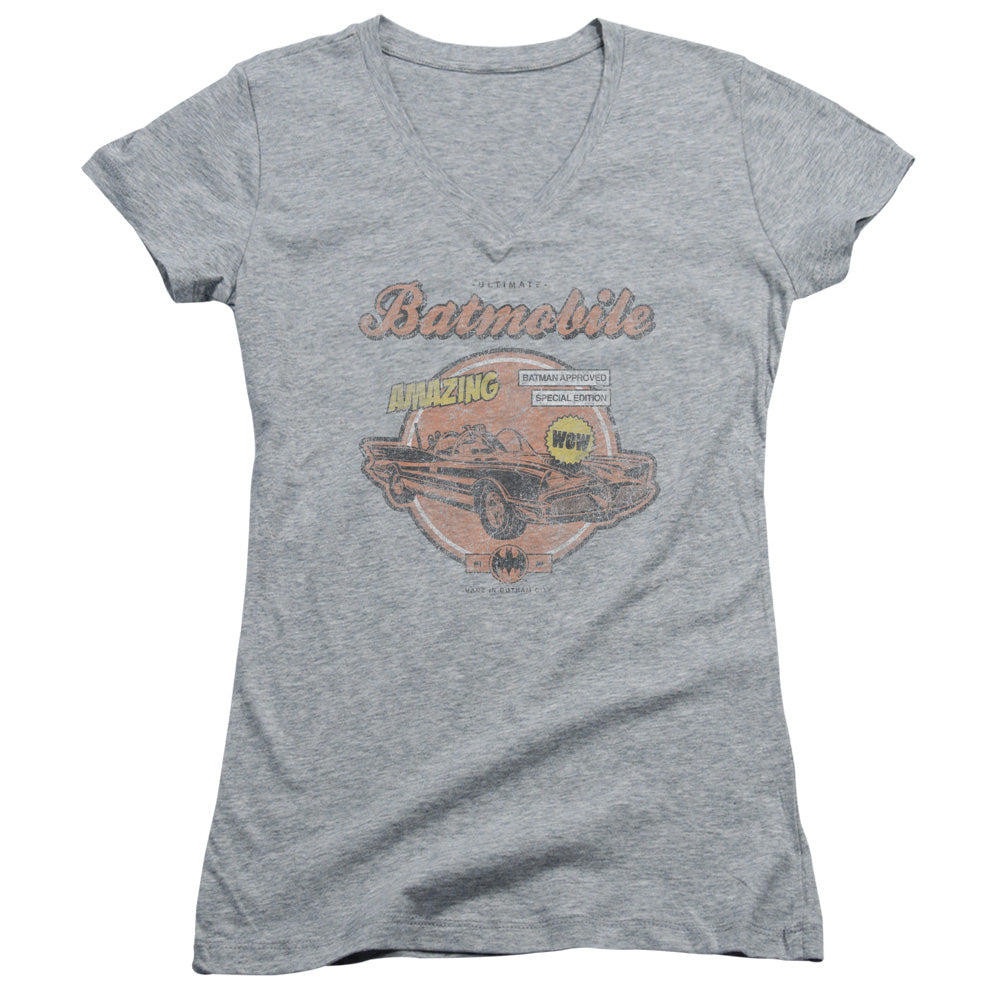 Batman Amazing Batmobile Junior Sheer Cap Sleeve V Neck Womens T Shirt Athletic Heather