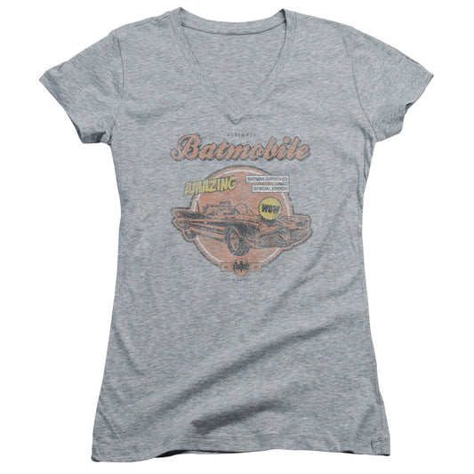 Batman Amazing Batmobile Junior Sheer Cap Sleeve V Neck Womens T Shirt Athletic Heather