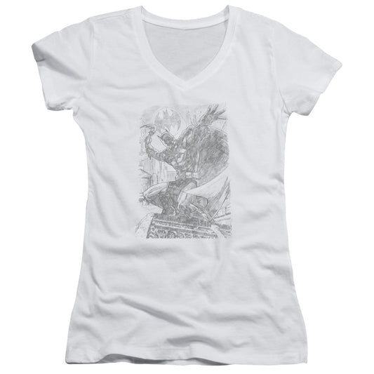 Batman Pencil Batarang Throw Junior Sheer Cap Sleeve V Neck Womens T Shirt White