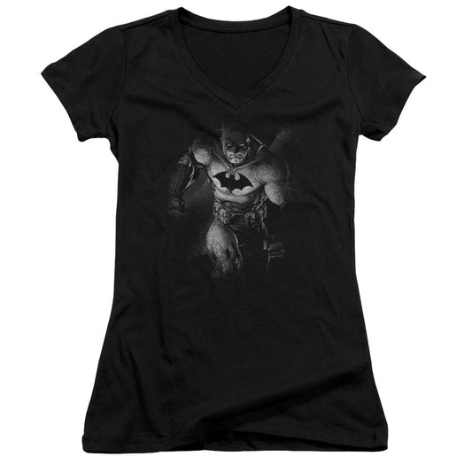 Batman Materialized Junior Sheer Cap Sleeve V Neck Womens T Shirt Black