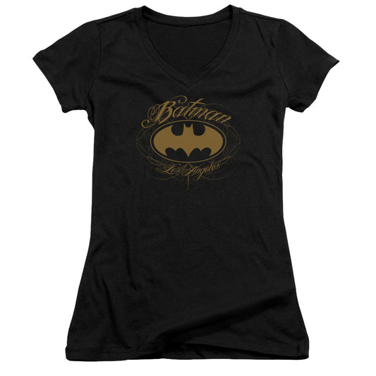 Batman Batman La Junior Sheer Cap Sleeve V Neck Womens T Shirt Black