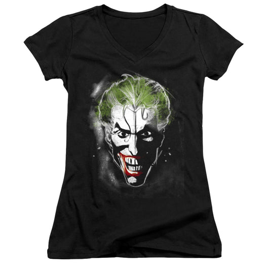 Batman Face Of Madness Junior Sheer Cap Sleeve V Neck Womens T Shirt Black