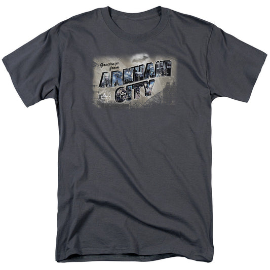 Arkham City Greetings From Arkham Mens T Shirt Charcoal - clothing by TeeHivey.com