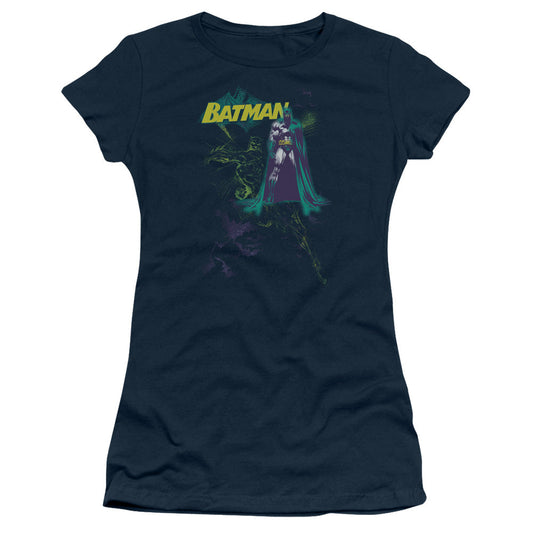 Batman Bat Spray Junior Sheer Cap Sleeve Womens T Shirt Navy Blue