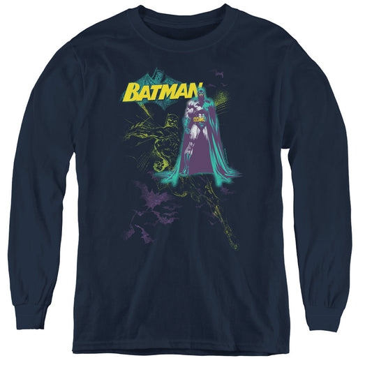 Batman Bat Spray Long Sleeve Kids Youth T Shirt Navy Blue