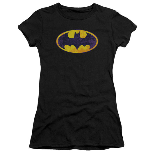 Batman Bm Neon Distress Logo Junior Sheer Cap Sleeve Womens T Shirt Black