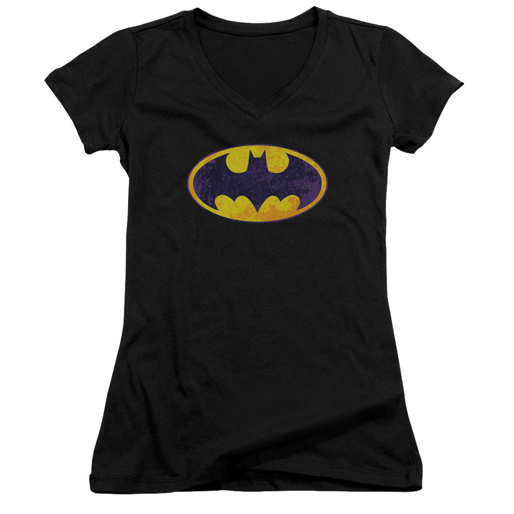 Batman Bm Neon Distress Logo Junior Sheer Cap Sleeve V Neck Womens T Shirt Black