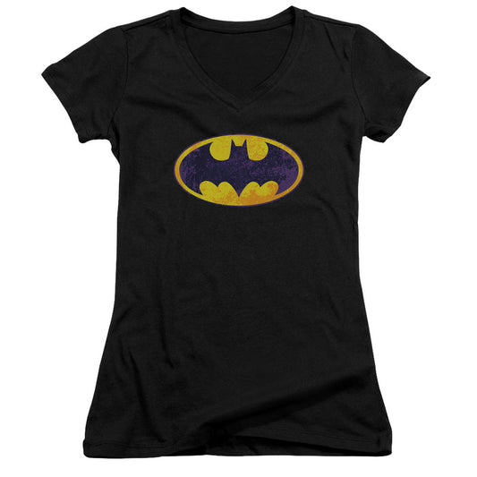 Batman Bm Neon Distress Logo Junior Sheer Cap Sleeve V Neck Womens T Shirt Black