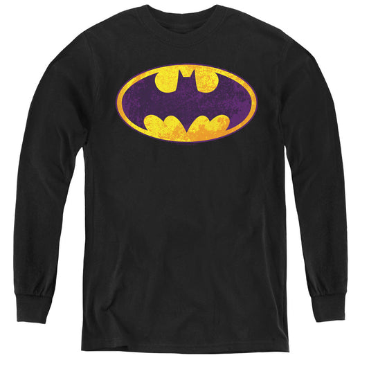 Batman Bm Neon Distress Logo Long Sleeve Kids Youth T Shirt Black