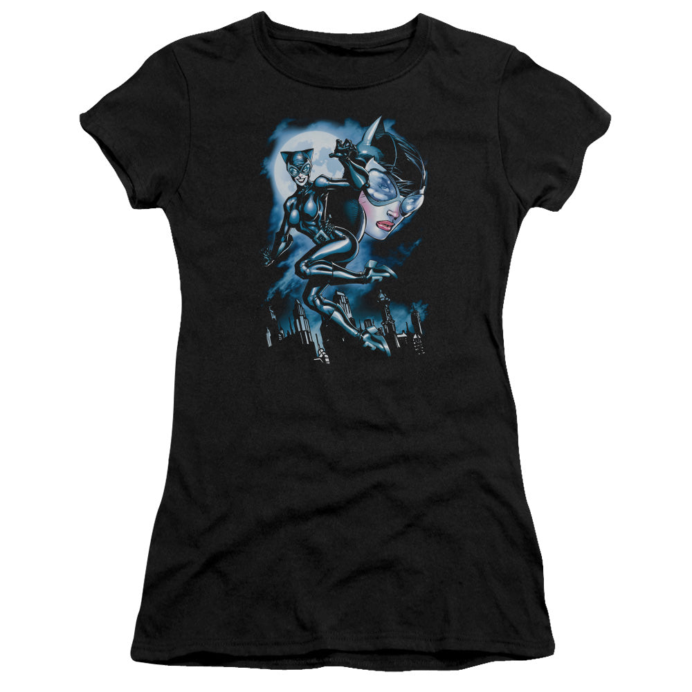 Batman Moonlight Cat Junior Sheer Cap Sleeve Womens T Shirt Black