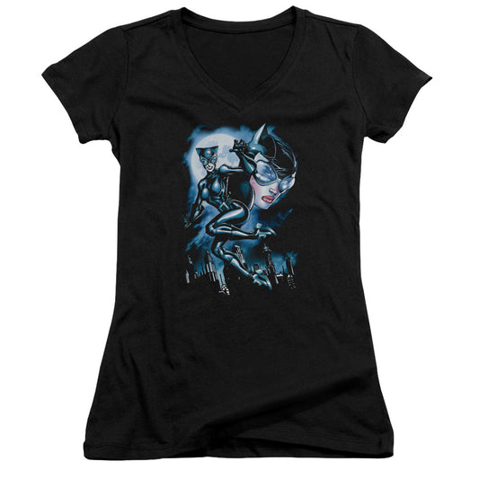 Batman Moonlight Cat Junior Sheer Cap Sleeve V Neck Womens T Shirt Black