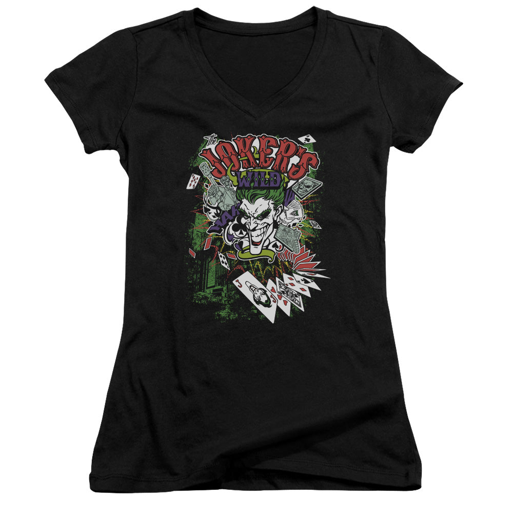 Batman Jokers Wild Junior Sheer Cap Sleeve V Neck Womens T Shirt Black