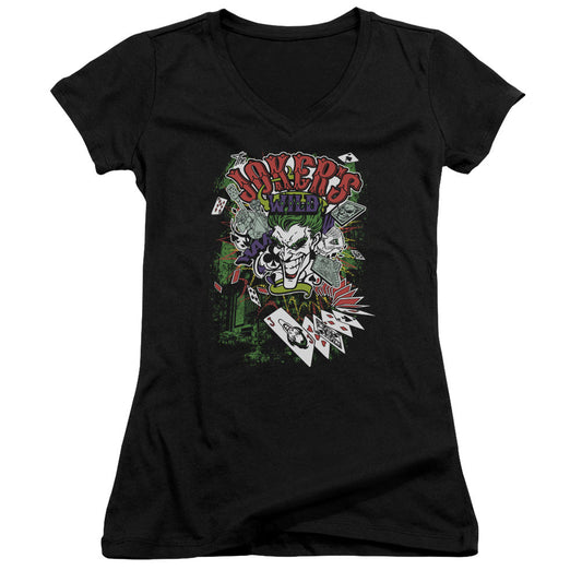 Batman Jokers Wild Junior Sheer Cap Sleeve V Neck Womens T Shirt Black
