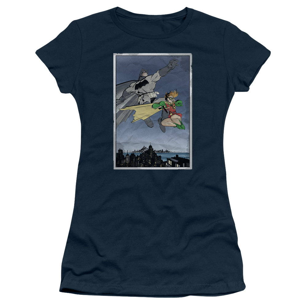 Batman Dkr Duo Junior Sheer Cap Sleeve Womens T Shirt Navy Blue