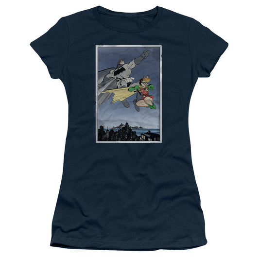 Batman Dkr Duo Junior Sheer Cap Sleeve Womens T Shirt Navy Blue