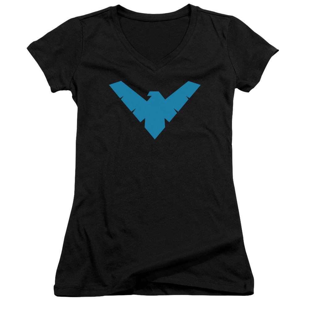 Batman Nightwing Symbol Junior Sheer Cap Sleeve V Neck Womens T Shirt Black