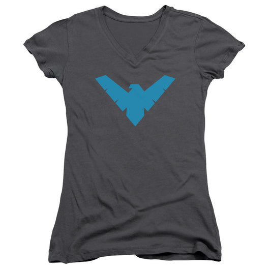 Batman Nightwing Symbol Junior Sheer Cap Sleeve V Neck Womens T Shirt Charcoal