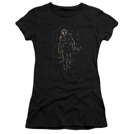 Batman Joker Leaves Arkham Junior Sheer Cap Sleeve Womens T Shirt Black