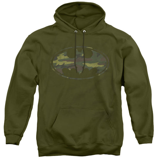 Batman Distressed Camo Shield Mens Hoodie Military Green