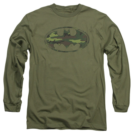 Batman Distressed Camo Shield Mens Long Sleeve Shirt Military Green