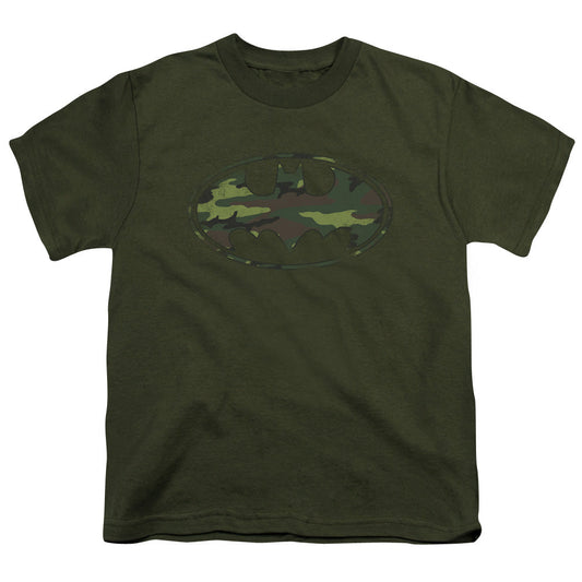 Batman Distressed Camo Shield Kids Youth T Shirt Military Green