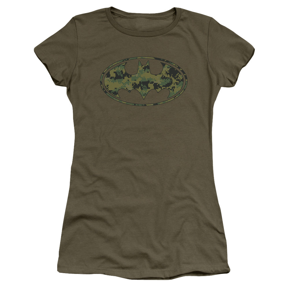 Batman Marine Camo Shield Junior Sheer Cap Sleeve Womens T Shirt Military Green