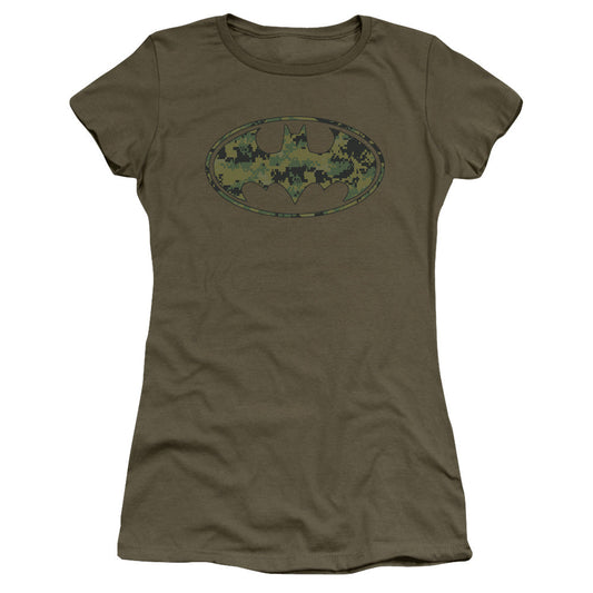 Batman Marine Camo Shield Junior Sheer Cap Sleeve Womens T Shirt Military Green