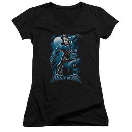 Batman All Grown Up Junior Sheer Cap Sleeve V Neck Womens T Shirt Black