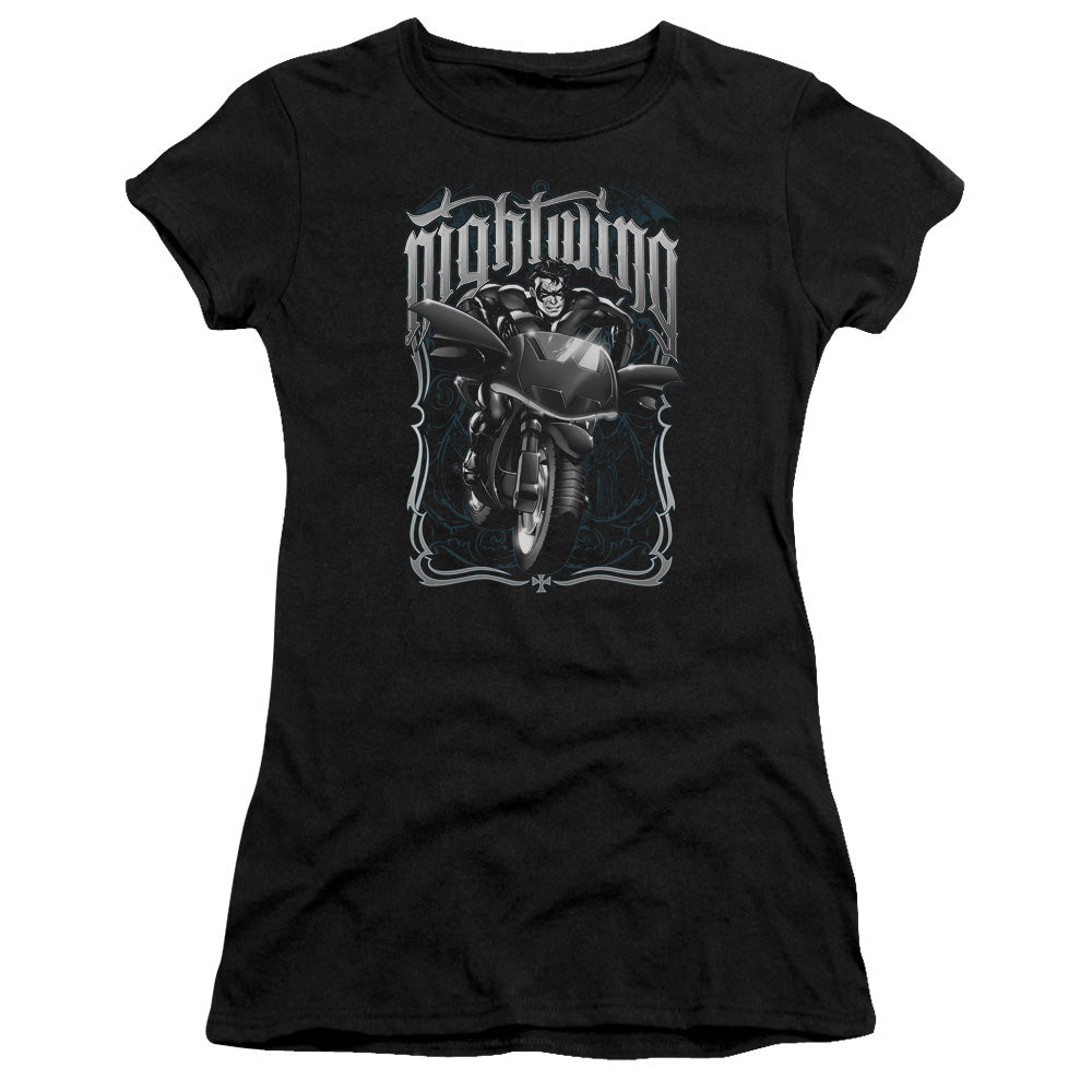 Batman Nightwing Biker Junior Sheer Cap Sleeve Womens T Shirt Black