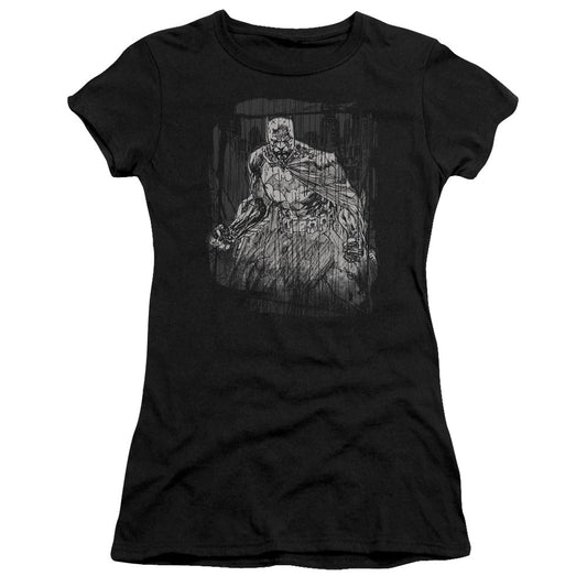 Batman Pencilled Rain Junior Sheer Cap Sleeve Womens T Shirt Black