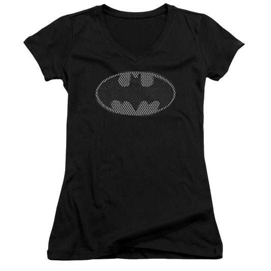 Batman Chainmail Shield Junior Sheer Cap Sleeve V Neck Womens T Shirt Black