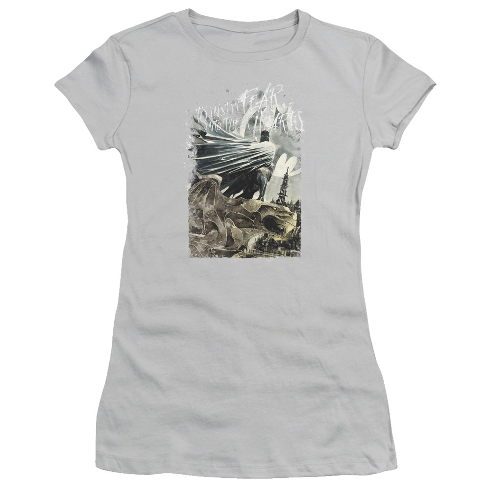 Batman Instill Fear Junior Sheer Cap Sleeve Womens T Shirt Silver