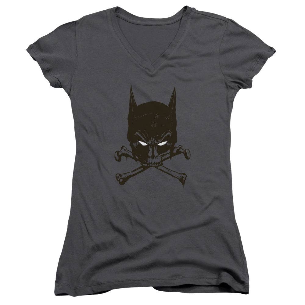 Batman Bat And Bones Junior Sheer Cap Sleeve V Neck Womens T Shirt Charcoal