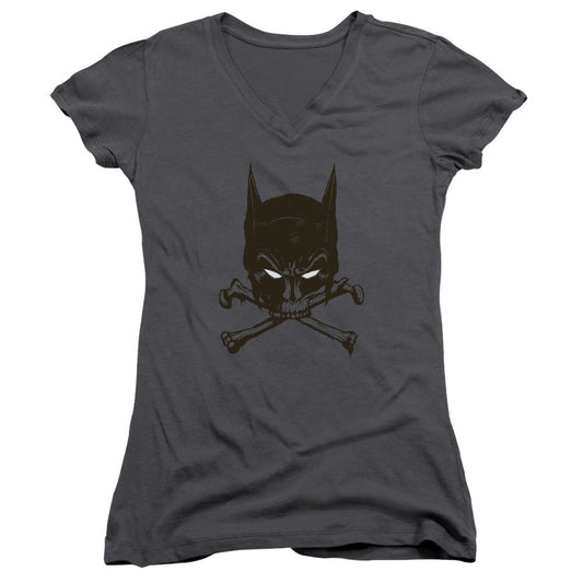 Batman Bat And Bones Junior Sheer Cap Sleeve V Neck Womens T Shirt Charcoal