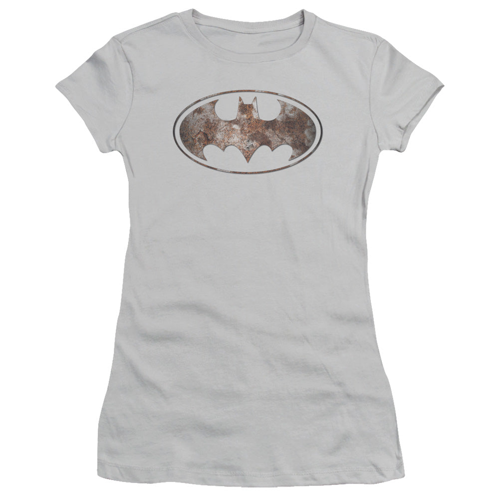 Batman Heavy Rust Logo Junior Sheer Cap Sleeve Womens T Shirt Silver