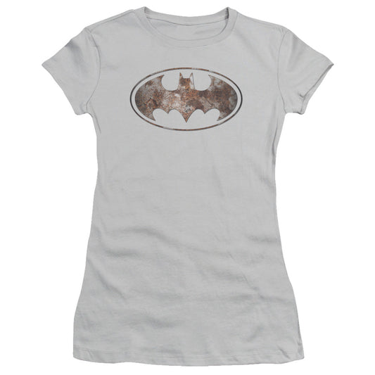 Batman Heavy Rust Logo Junior Sheer Cap Sleeve Womens T Shirt Silver