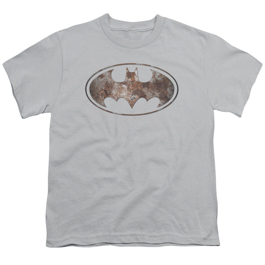 Batman Heavy Rust Logo Kids Youth T Shirt Silver