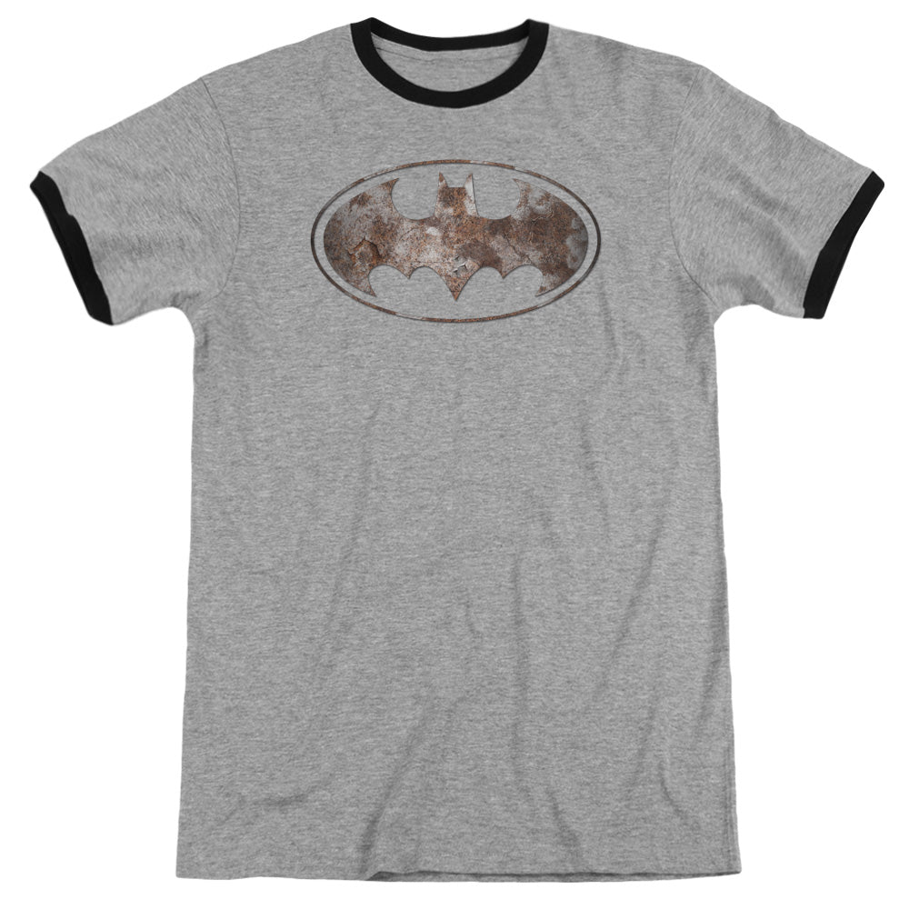 Batman Heavy Rust Logo Heather Ringer Mens T Shirt Heather Black