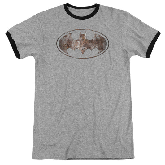 Batman Heavy Rust Logo Heather Ringer Mens T Shirt Heather Black