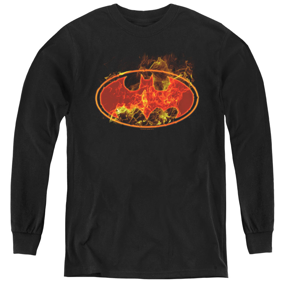 Batman Flames Logo Long Sleeve Kids Youth T Shirt Black