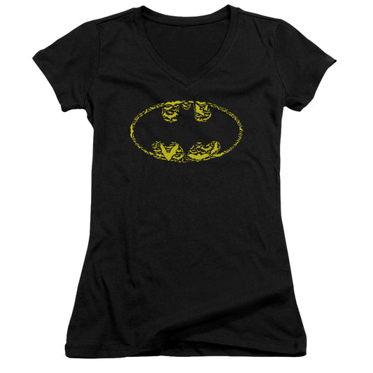 Batman Bats On Bats Junior Sheer Cap Sleeve V Neck Womens T Shirt Black