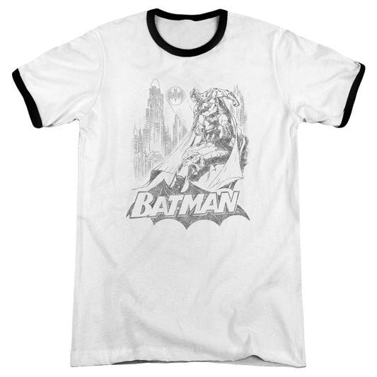 Batman Bat Sketch Heather Ringer Mens T Shirt White Black