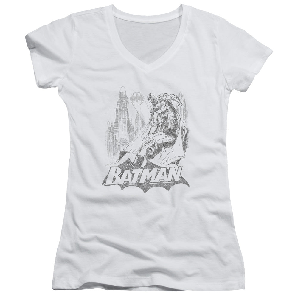 Batman Bat Sketch Junior Sheer Cap Sleeve V Neck Womens T Shirt White