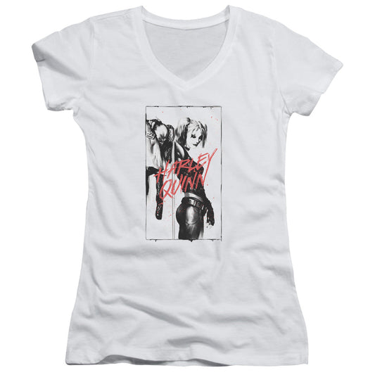 Batman Inked Quinn Junior Sheer Cap Sleeve V Neck Womens T Shirt White