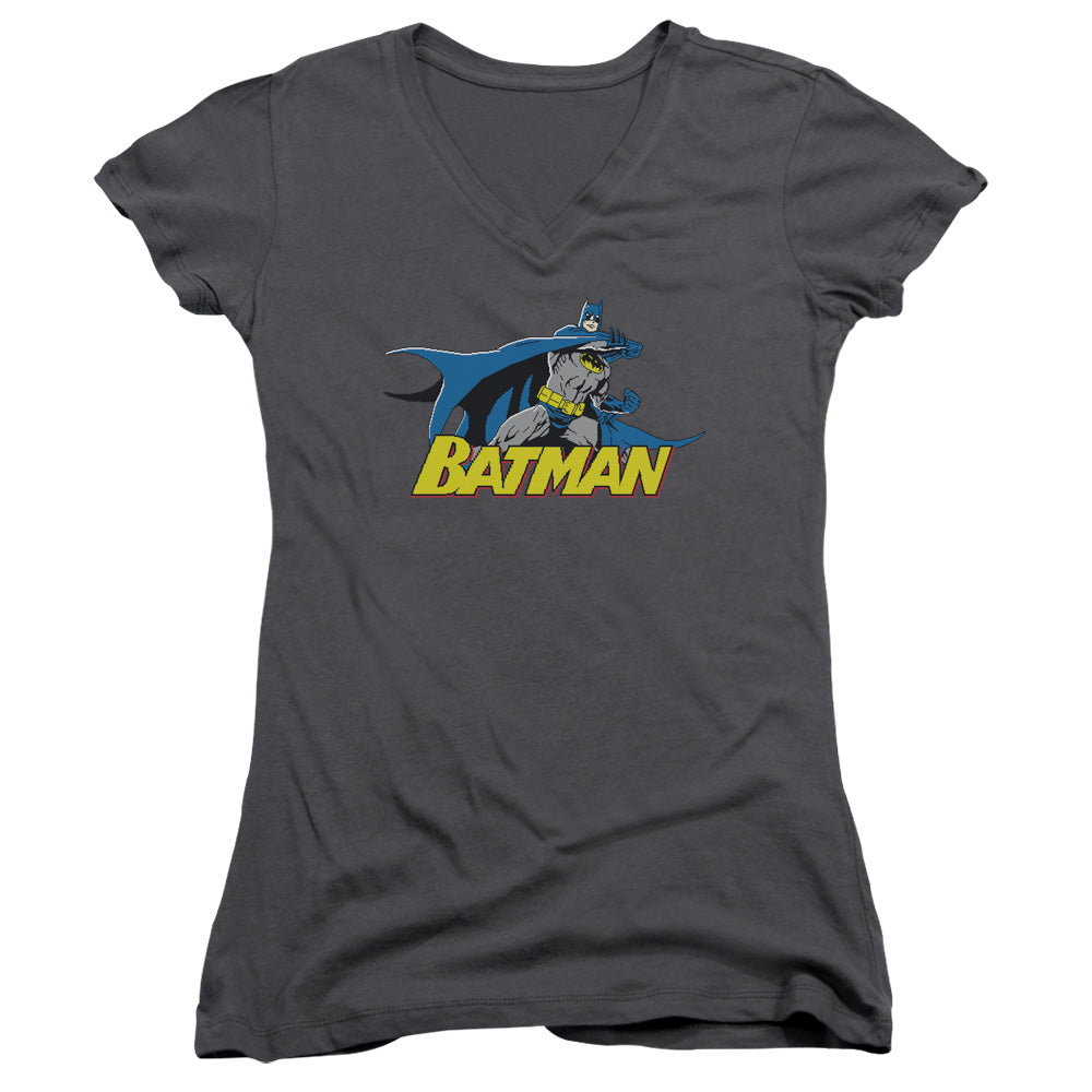 Batman 8 Bit Cape Junior Sheer Cap Sleeve V Neck Womens T Shirt Chracoal