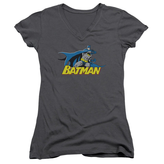 Batman 8 Bit Cape Junior Sheer Cap Sleeve V Neck Womens T Shirt Chracoal