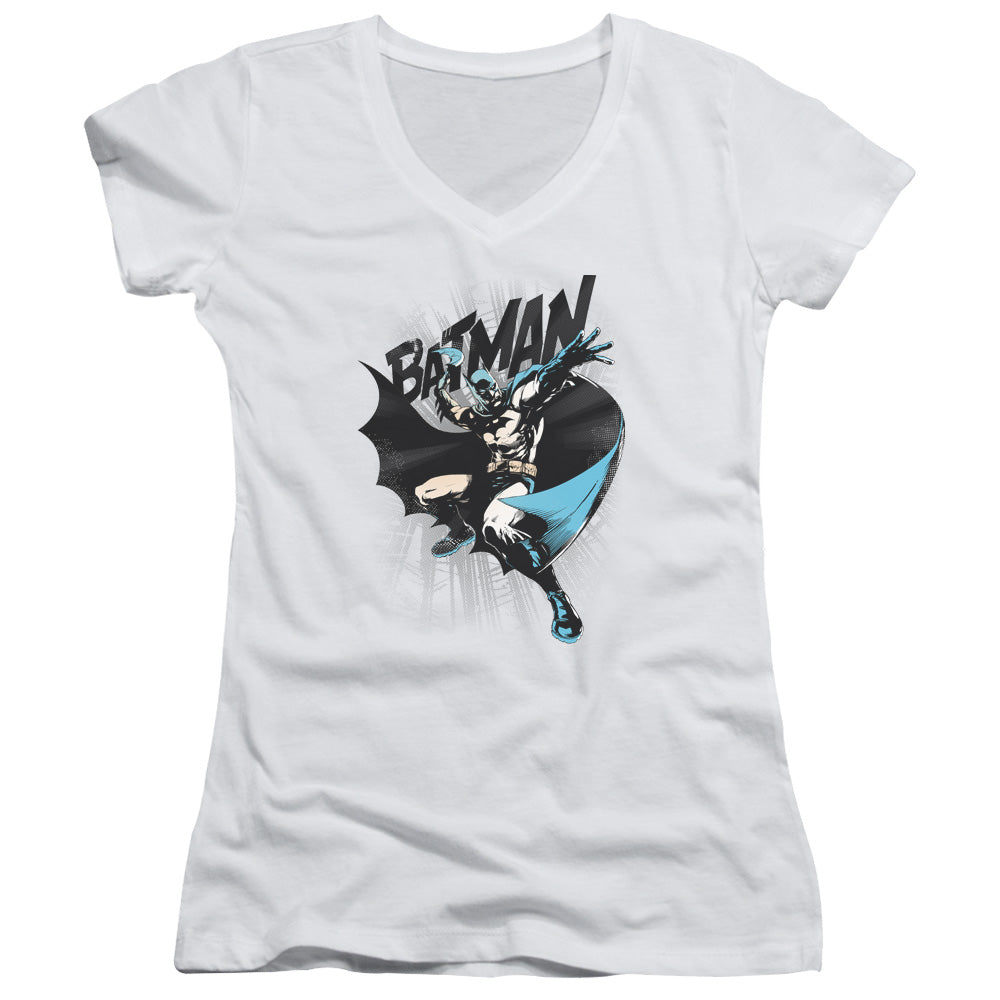Batman Batarang Throw Junior Sheer Cap Sleeve V Neck Womens T Shirt White