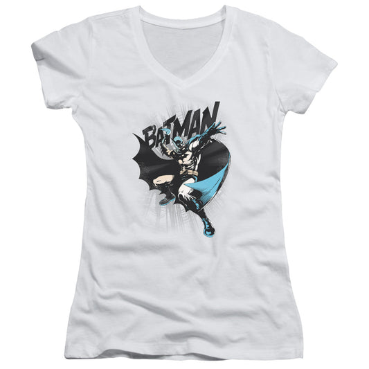 Batman Batarang Throw Junior Sheer Cap Sleeve V Neck Womens T Shirt White