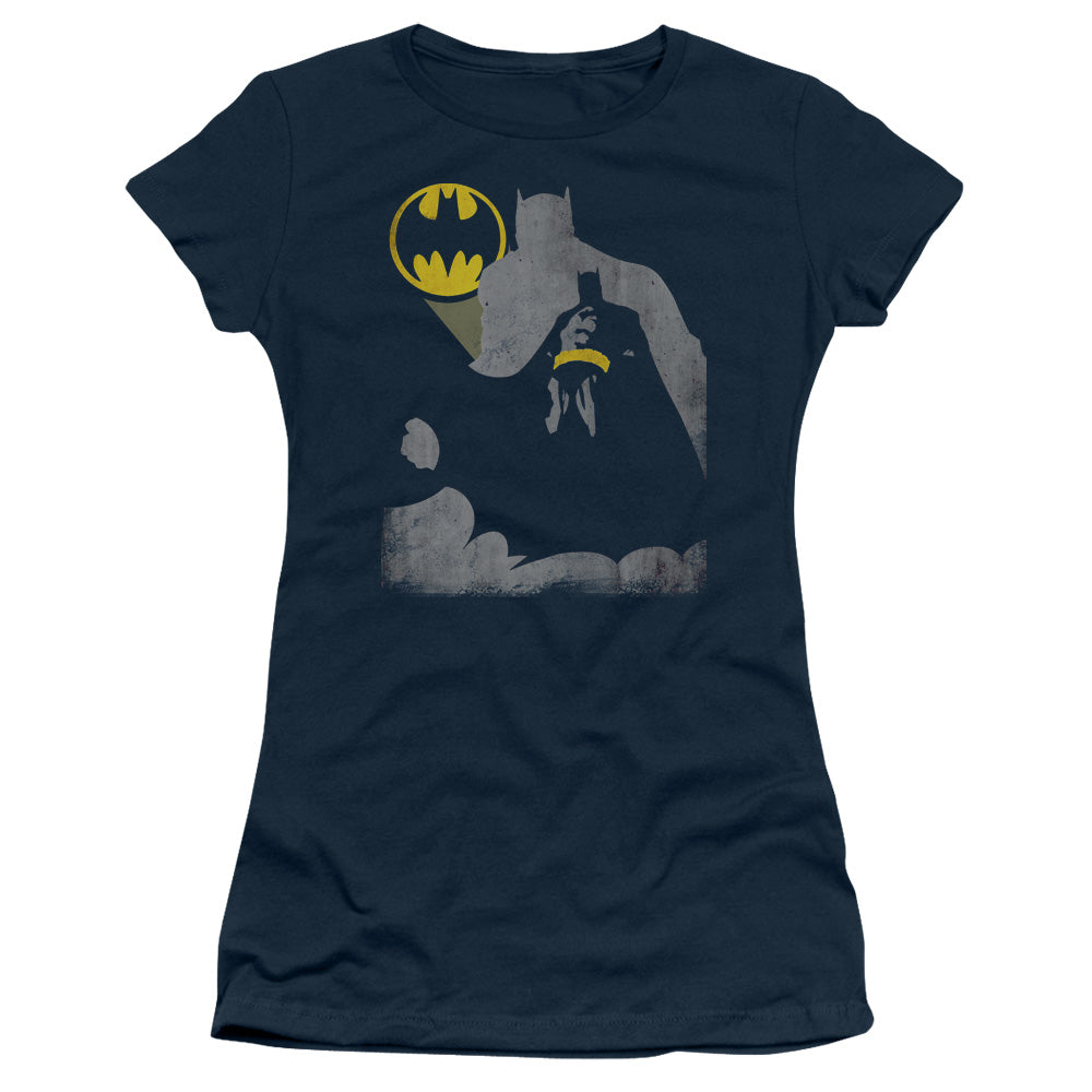 Batman Bat Knockout Junior Sheer Cap Sleeve Womens T Shirt Navy Blue